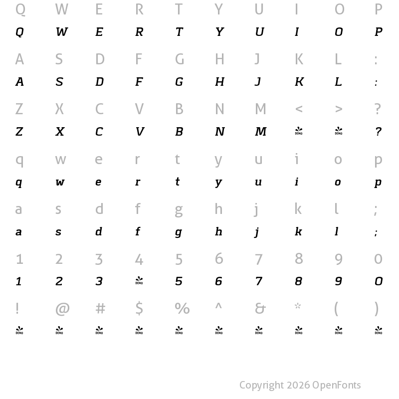 Character Map of FONTSPRING DEMO - Klimt Organic Oblique Regular