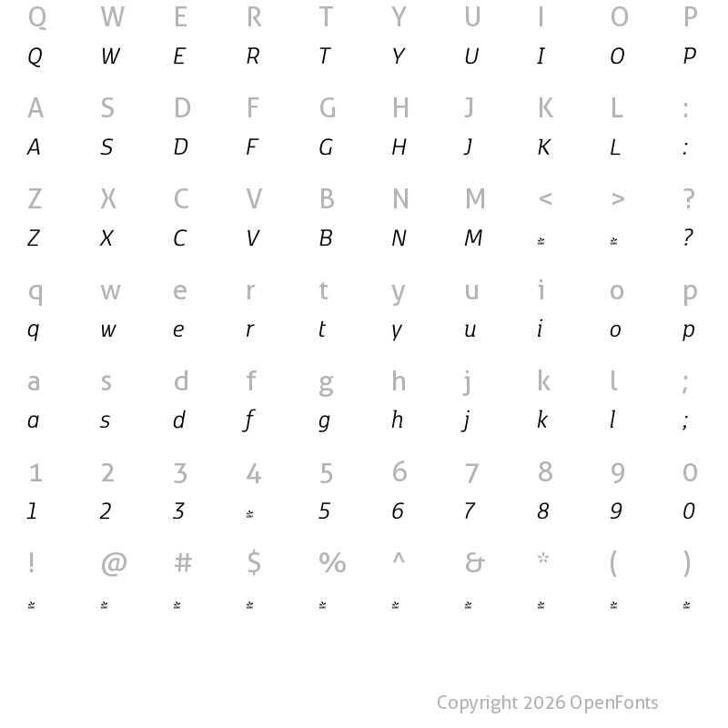 Character Map of FONTSPRING DEMO - Kobenhavn C Book Italic