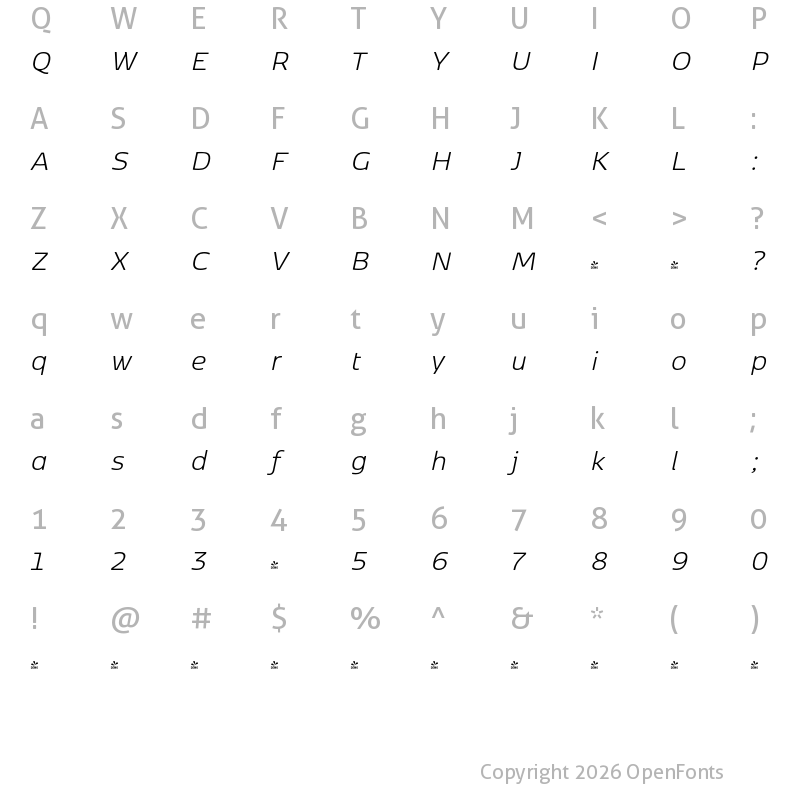 Character Map of FONTSPRING DEMO - Kobenhavn Sans Light Italic