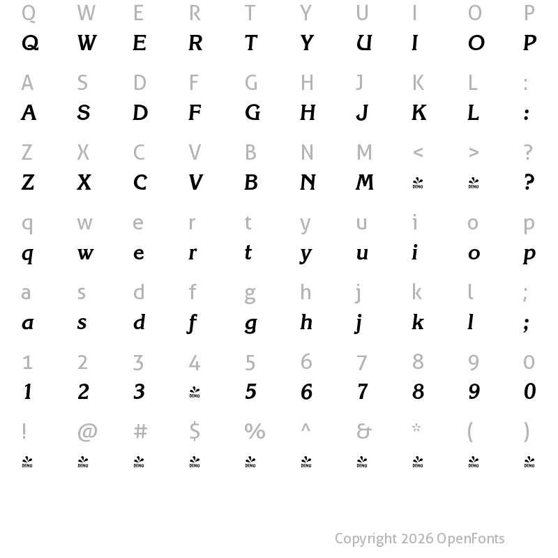 Character Map of FONTSPRING DEMO - Korinth Serial Bold Italic