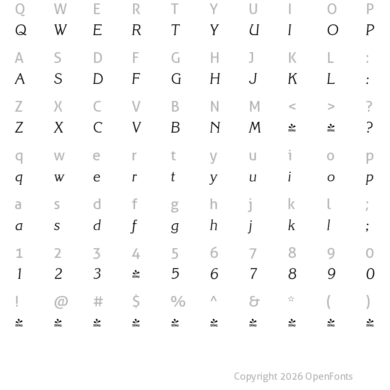 Character Map of FONTSPRING DEMO - Korinth Serial Light Italic