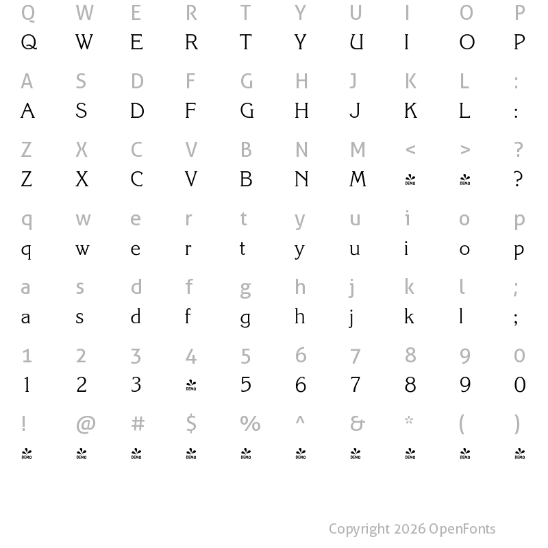 Character Map of FONTSPRING DEMO - Korinth Serial Light Regular
