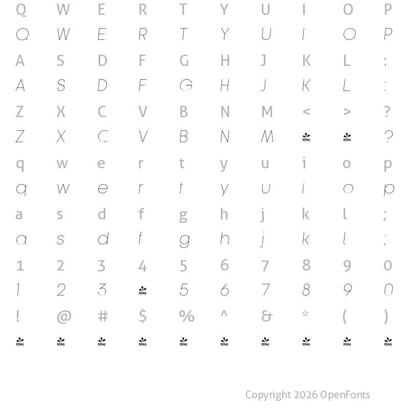 Character Map of FONTSPRING DEMO - Korto Italic