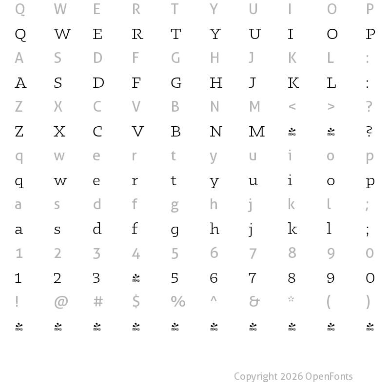 Character Map of FONTSPRING DEMO - Kotto Slab Book Regular