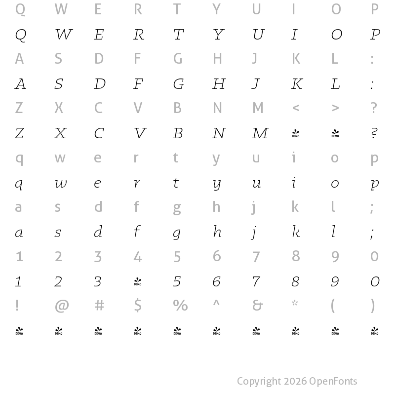 Character Map of FONTSPRING DEMO - Kotto Slab Light Italic