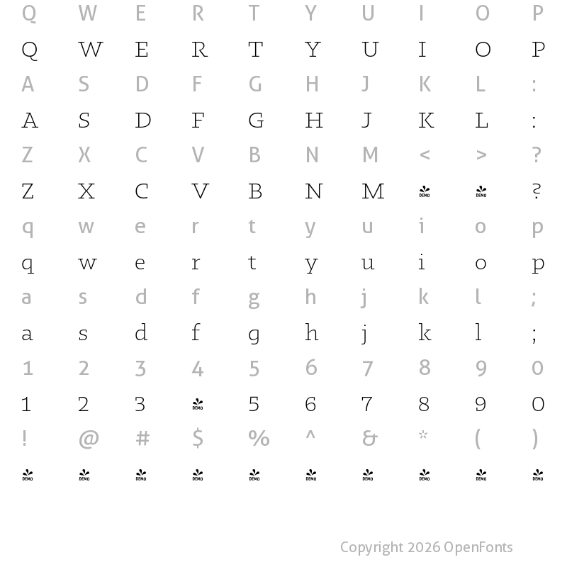 Character Map of FONTSPRING DEMO - Kotto Slab Light Regular