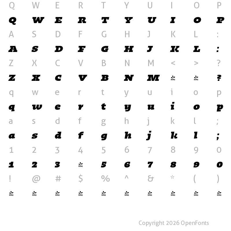 Character Map of FONTSPRING DEMO - Kotto Slab Ultra Italic
