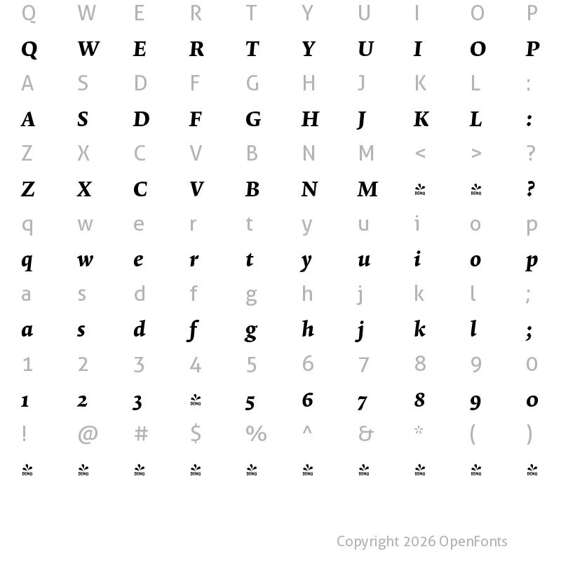 Character Map of FONTSPRING DEMO - Krete Bold Italic