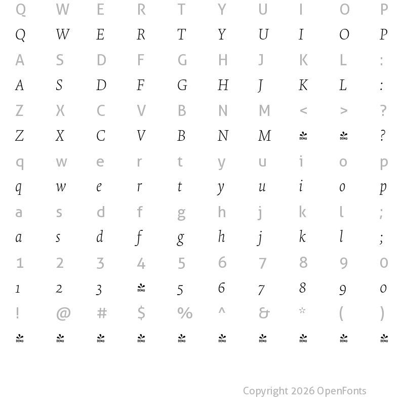 Character Map of FONTSPRING DEMO - Krete Light Italic