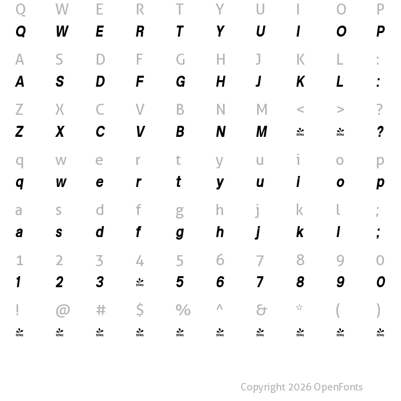 Character Map of FONTSPRING DEMO - Kropotkin Cond Bold Obli Cond Bold Obli