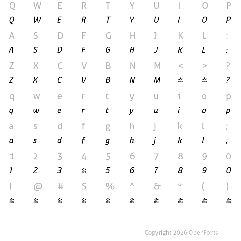 Character Map of FONTSPRING DEMO - Kurstiva Italic