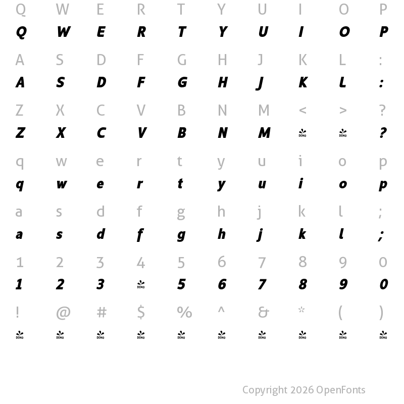 Character Map of FONTSPRING DEMO - Kyrial Sans Pro Black Cond Italic
