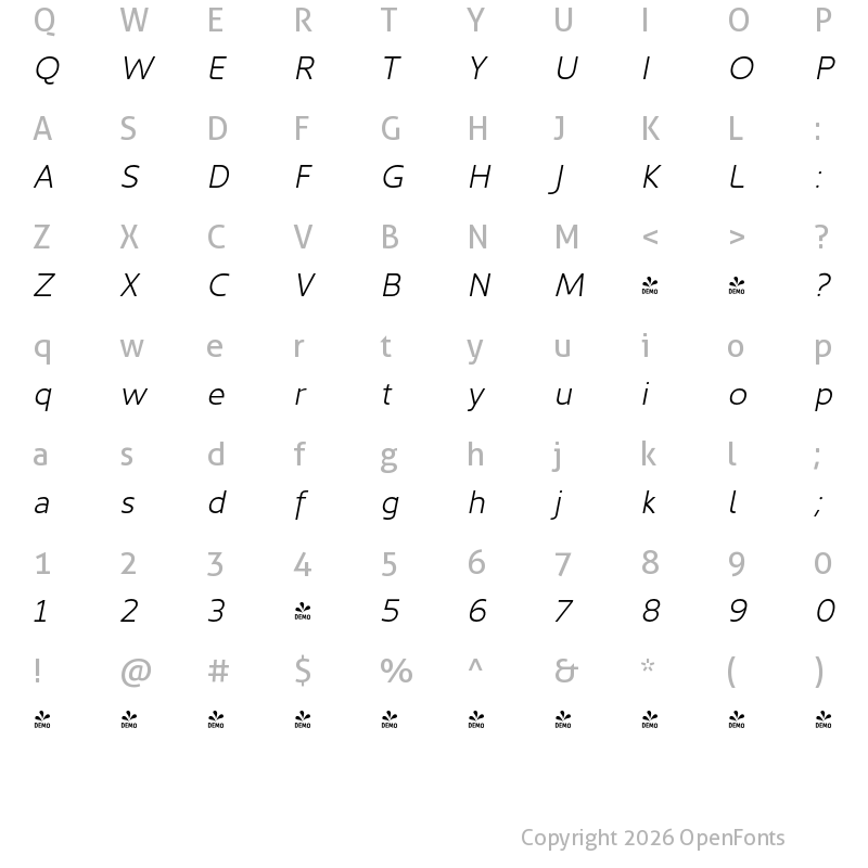 Character Map of FONTSPRING DEMO - Kyrial Sans Pro Light Italic