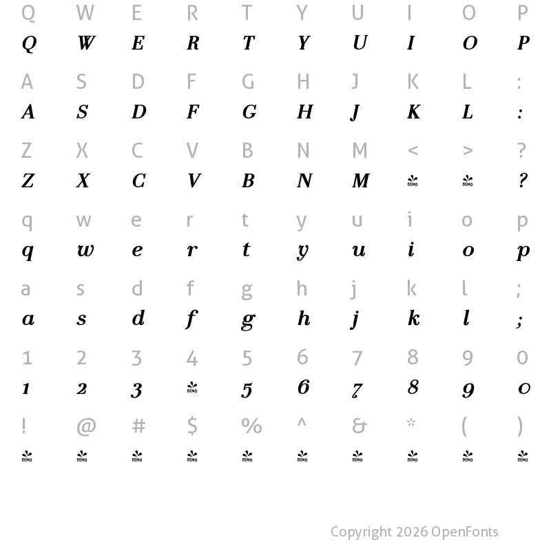 Character Map of FONTSPRING DEMO - LaBodoni BoldItalic