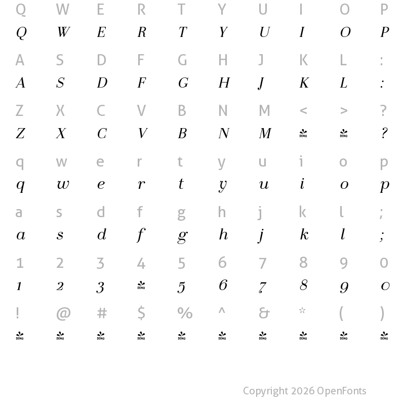 Character Map of FONTSPRING DEMO - LaBodoni DemiLightItalic