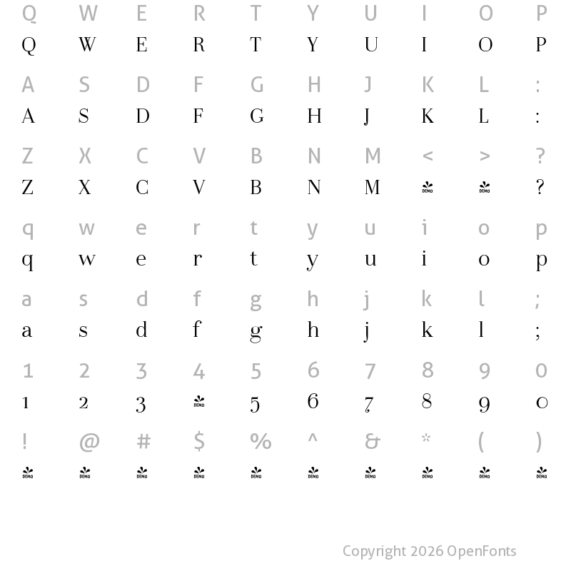 Character Map of FONTSPRING DEMO - LaBodoni Light
