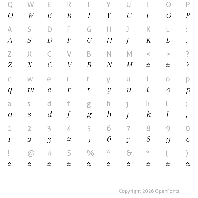 Character Map of FONTSPRING DEMO - LaBodoni LightItalic