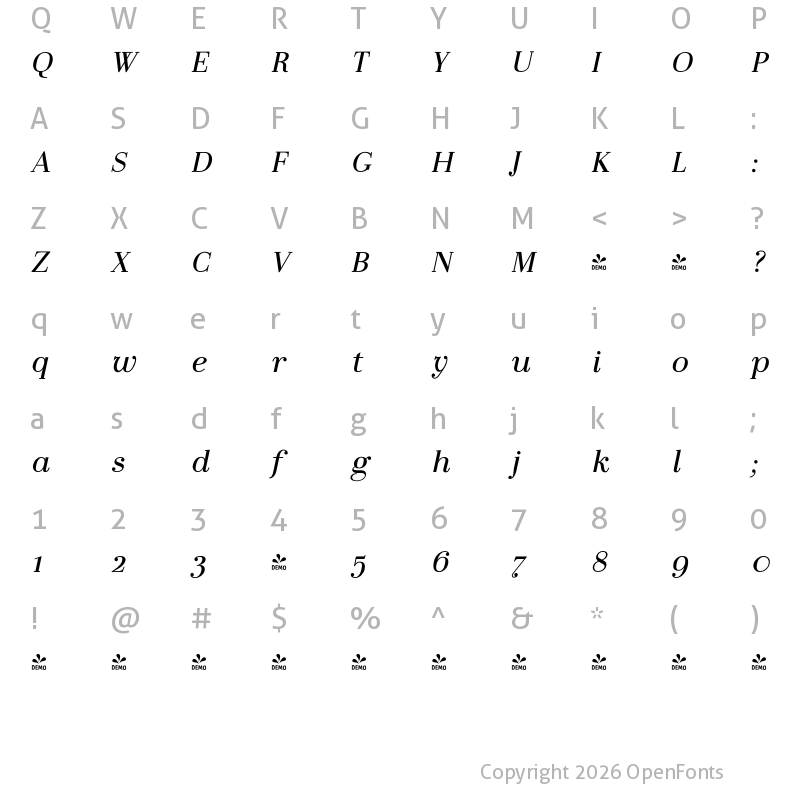 Character Map of FONTSPRING DEMO - LaBodoni PlainItalic