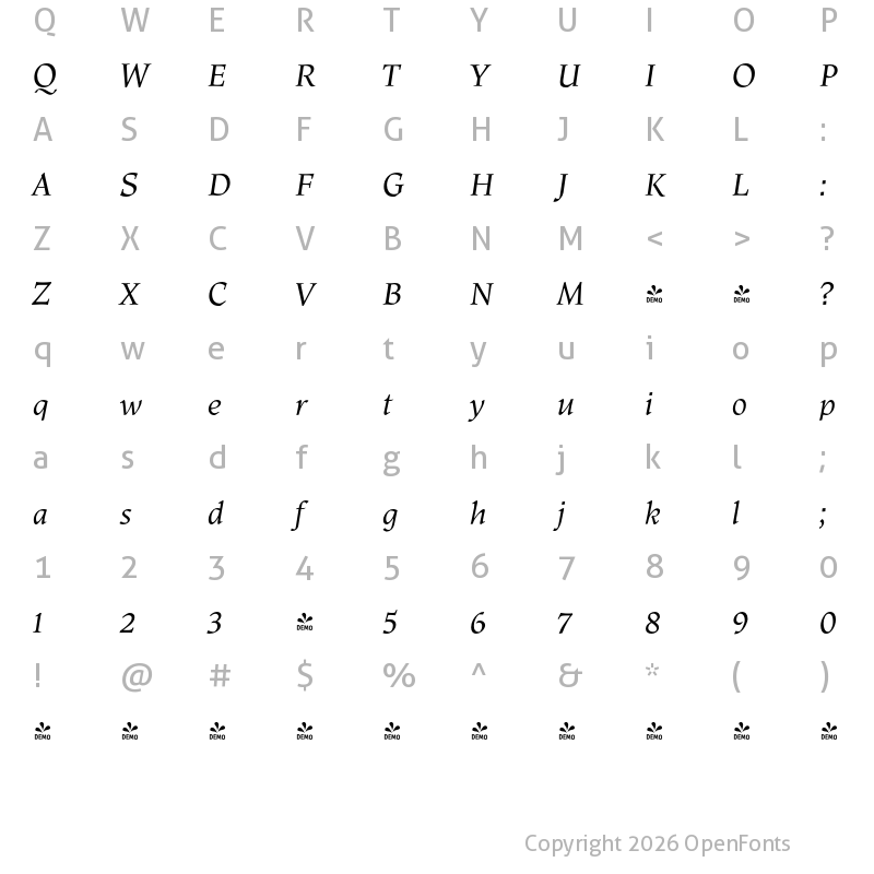 Character Map of FONTSPRING DEMO - Ladoga Display Italic