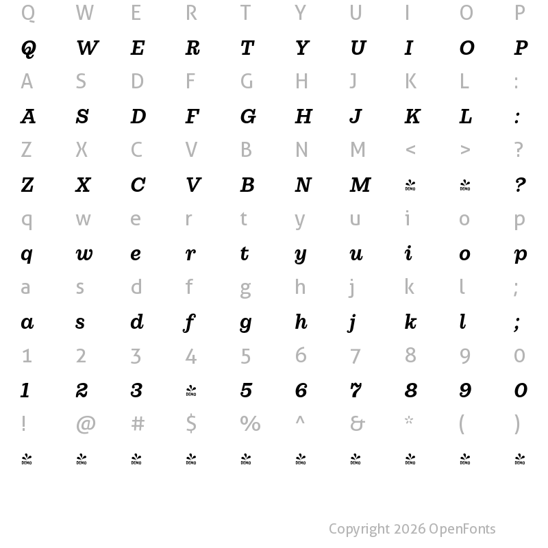 Character Map of FONTSPRING DEMO - Lagom Medium Italic Regular