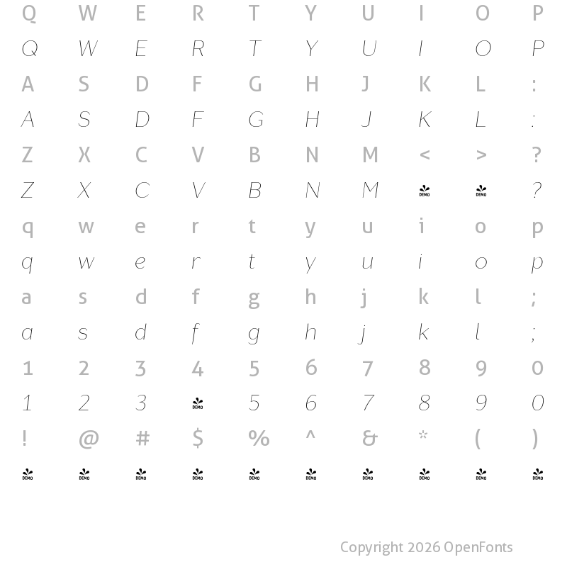 Character Map of FONTSPRING DEMO - Lagu Sans Thin Italic