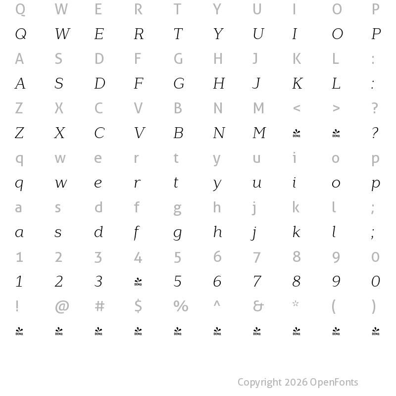 Character Map of FONTSPRING DEMO - Lagu Serif Light Italic