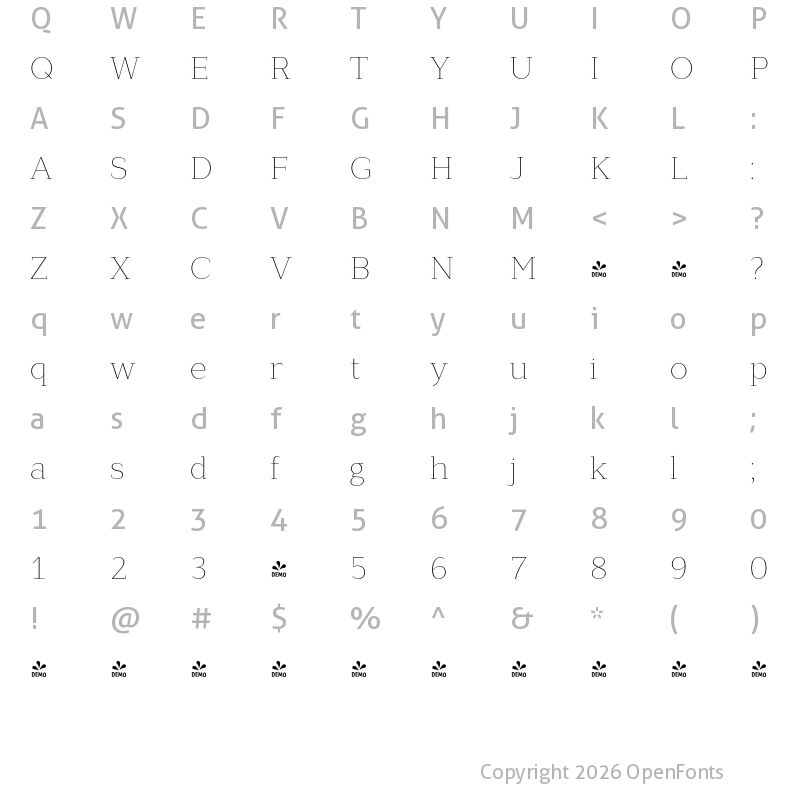 Character Map of FONTSPRING DEMO - Lagu Serif Thin Regular