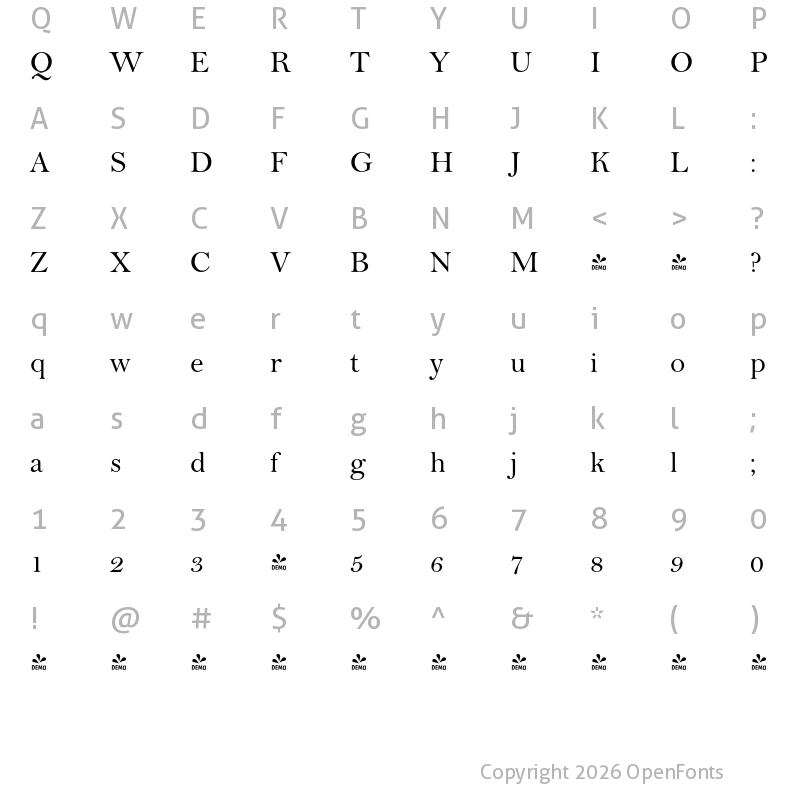 Character Map of FONTSPRING DEMO - Lanston Bell Regular
