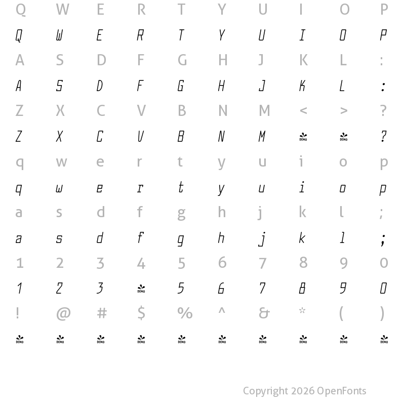 Character Map of FONTSPRING DEMO - Larabiefont Cp Italic