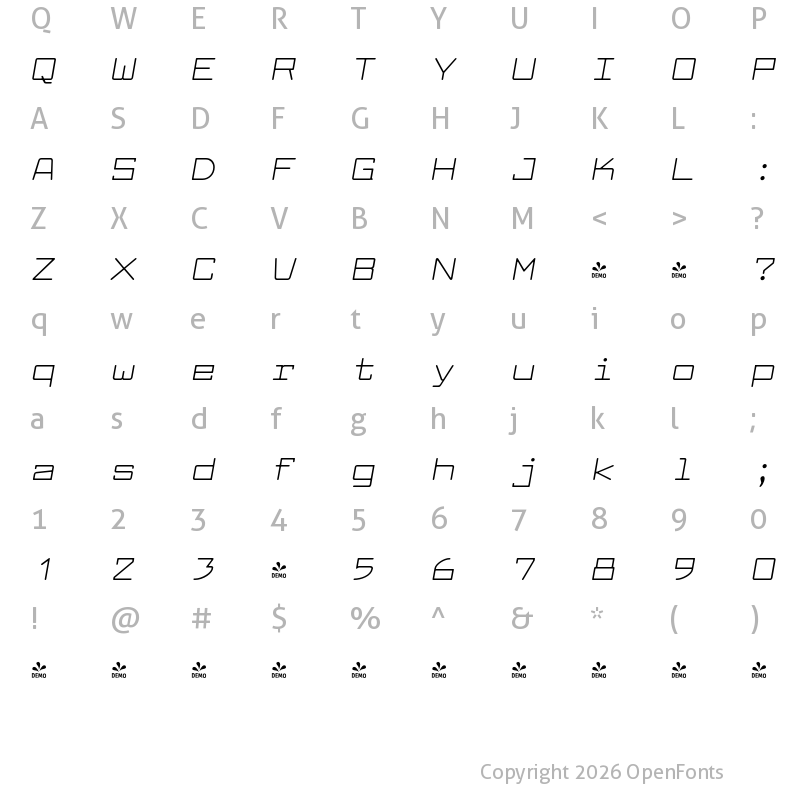 Character Map of FONTSPRING DEMO - Larabiefont Ex Italic