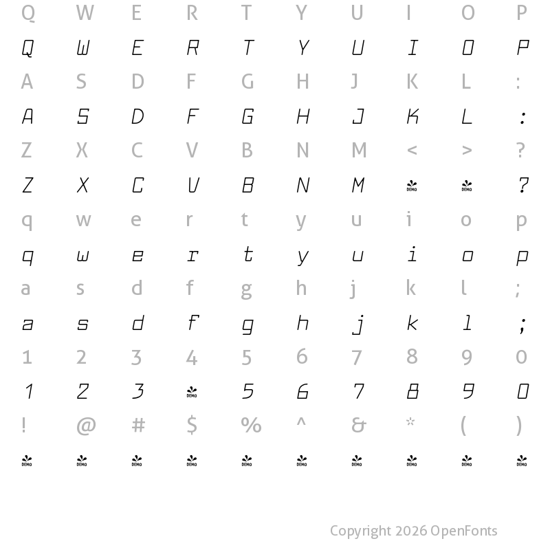 Character Map of FONTSPRING DEMO - Larabiefont Rg Italic