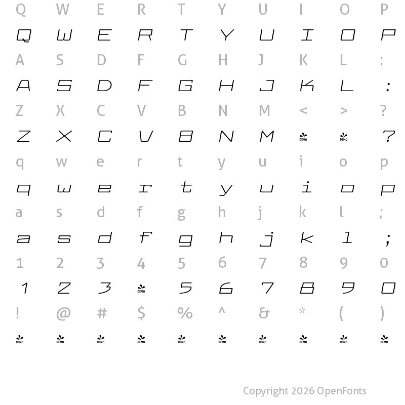 Character Map of FONTSPRING DEMO - Larabiefont Xt Italic