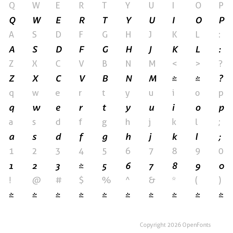 Character Map of FONTSPRING DEMO - Latina Semi Bold It Regular