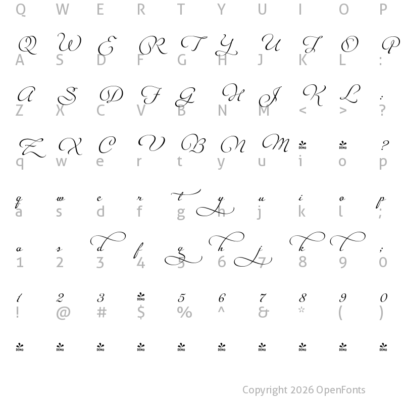 Character Map of FONTSPRING DEMO - Legendaria Swash 3 Regular