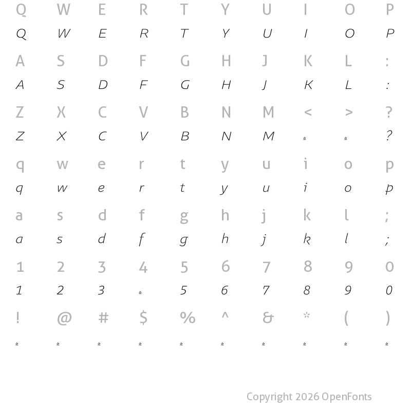 Character Map of FONTSPRING DEMO - Legit Sans UltraLight Italic