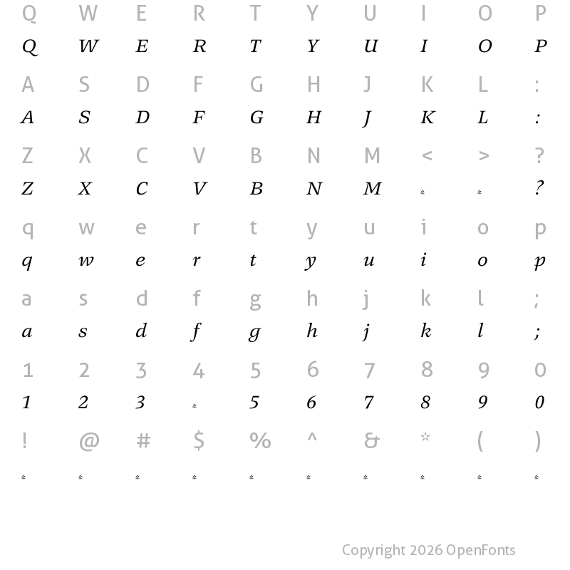 Character Map of FONTSPRING DEMO - Legit Serif Soft Italic