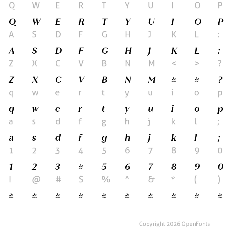 Character Map of FONTSPRING DEMO - Leifa Bold Italic Regular