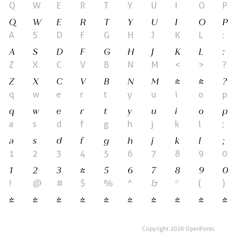Character Map of FONTSPRING DEMO - Leifa Italic Regular