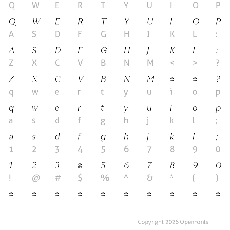 Character Map of FONTSPRING DEMO - Leifa Light Italic Regular