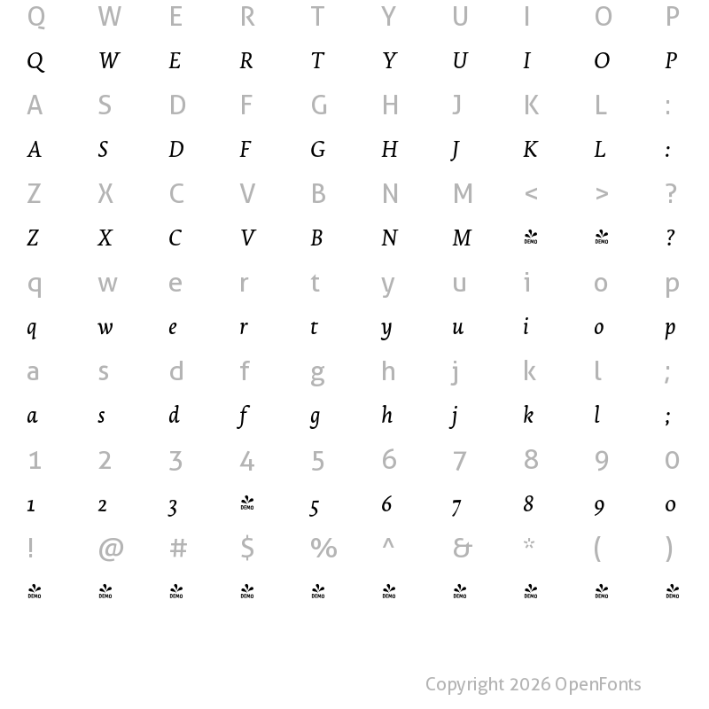 Character Map of FONTSPRING DEMO - Lemon Serif Italic