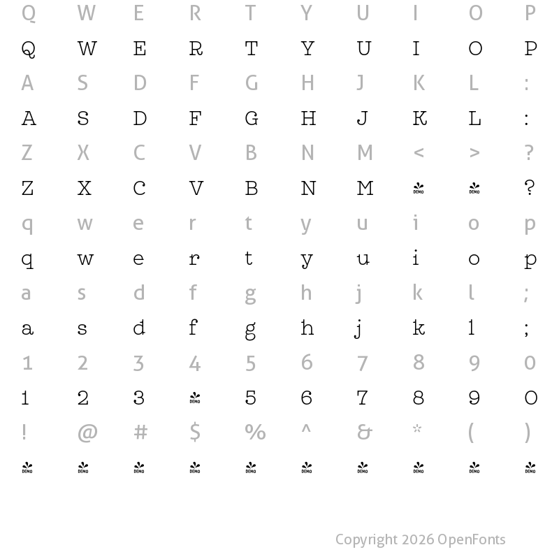 Character Map of FONTSPRING DEMO - Leto Slab Narrow ExtraLight