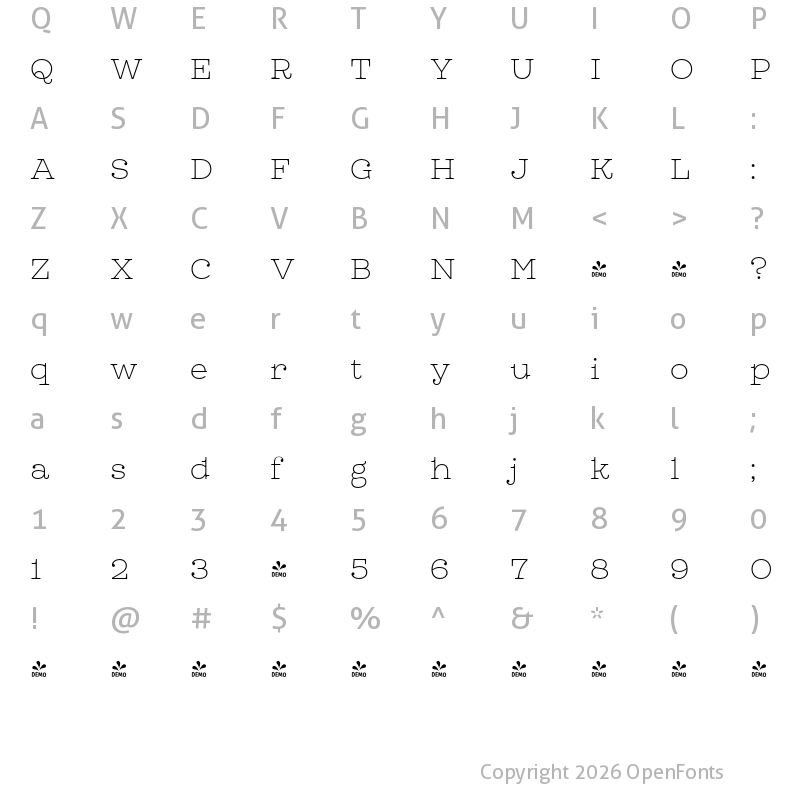 Character Map of FONTSPRING DEMO - Leto Slab Thin