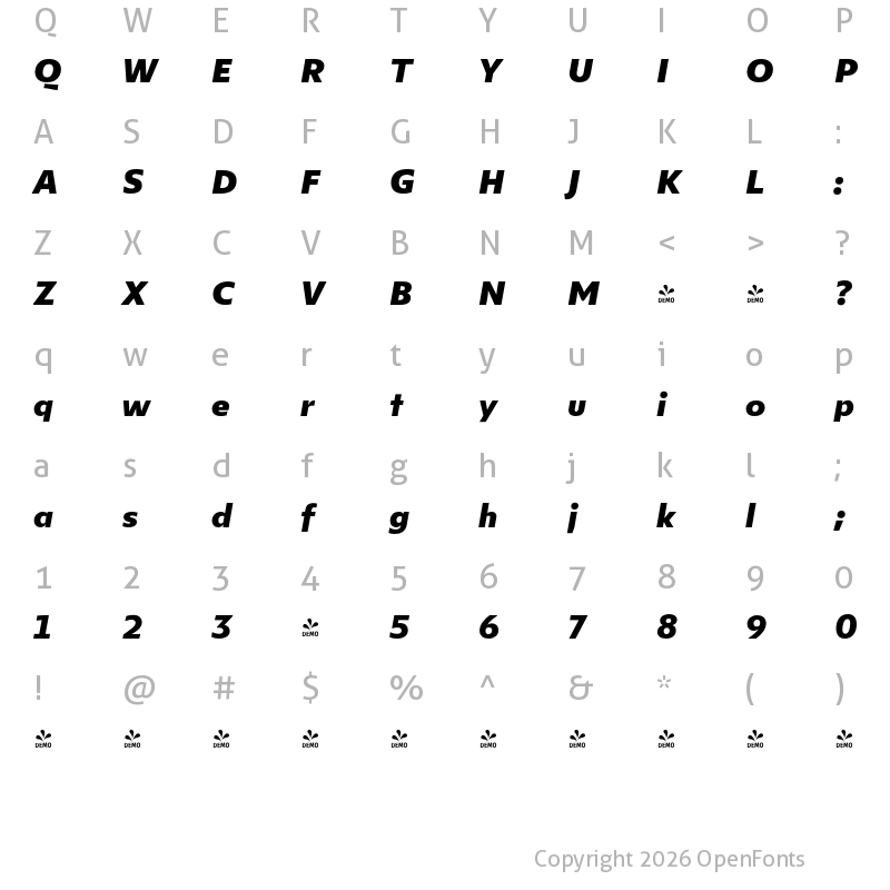 Character Map of FONTSPRING DEMO - Lexis Alt Black Italic Regular