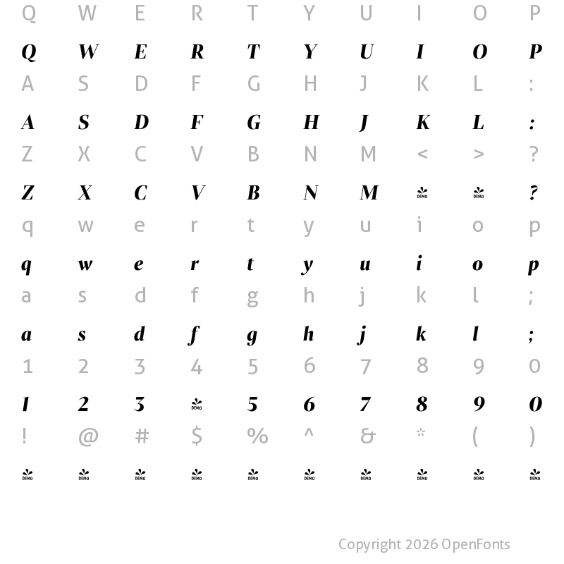 Character Map of FONTSPRING DEMO - Liet Display ExtraBold Italic