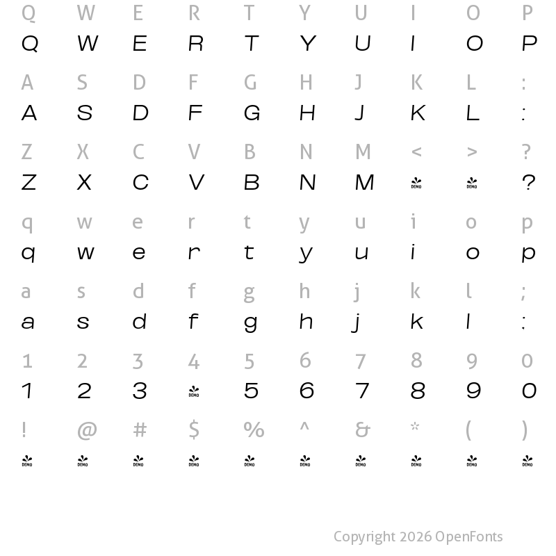 Character Map of FONTSPRING DEMO - Light ExtExp SeObli Italic