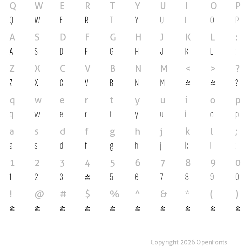 Character Map of FONTSPRING DEMO - Light Extra Cn Regular