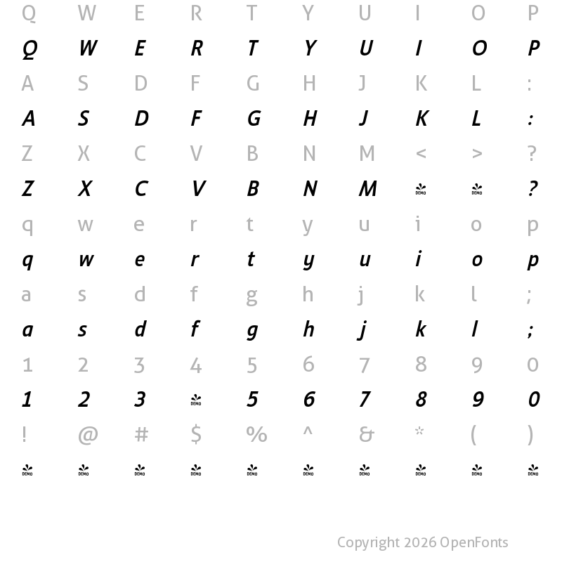 Character Map of FONTSPRING DEMO - Ligurino Rg Italic