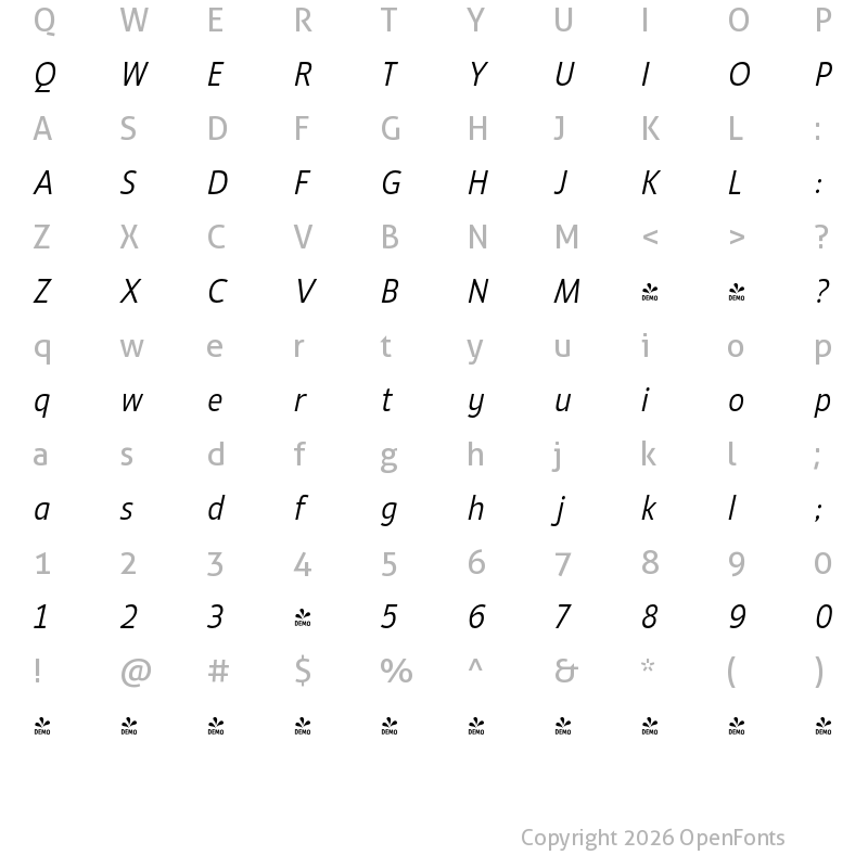 Character Map of FONTSPRING DEMO - Ligurino Sc Lt Italic