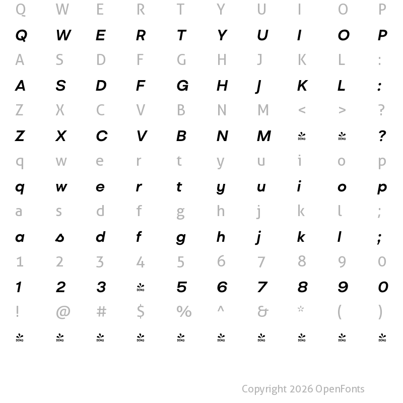 Character Map of FONTSPRING DEMO - Liliana Bold Italic