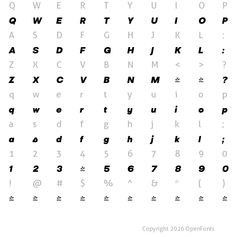 Character Map of FONTSPRING DEMO - Liliana Heavy Italic